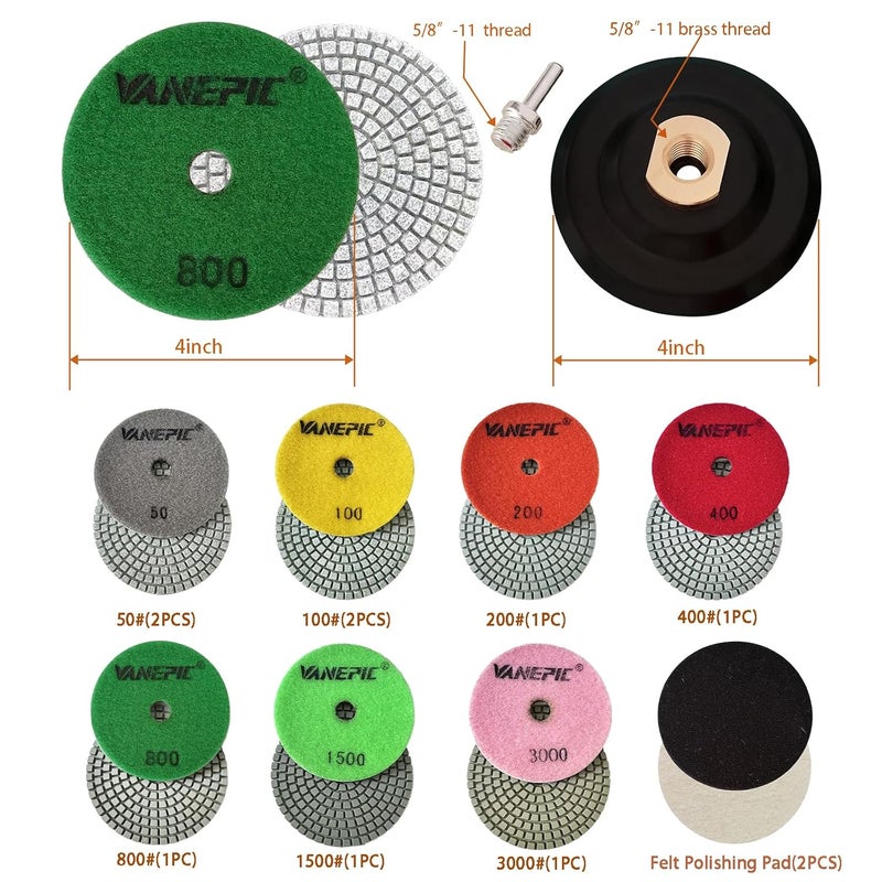 VANEPIC 4 Inch Diamond Polishing Pads Marble polishing kit 50-3000 Wet/Dry Set 12 Pieces for Drill Grinder Polisher for Concrete Marble Quartz Stone Countertop Granite polishing refurbishment - Image 2
